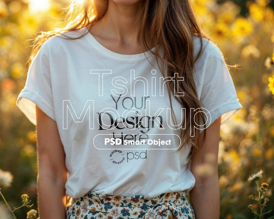 Woman White T-Shirt Mockup PSD | Gildan 64000 & Bella Canvas 3001 Print on Demand Tee Mockups for Designers, Boho Style Tshirt