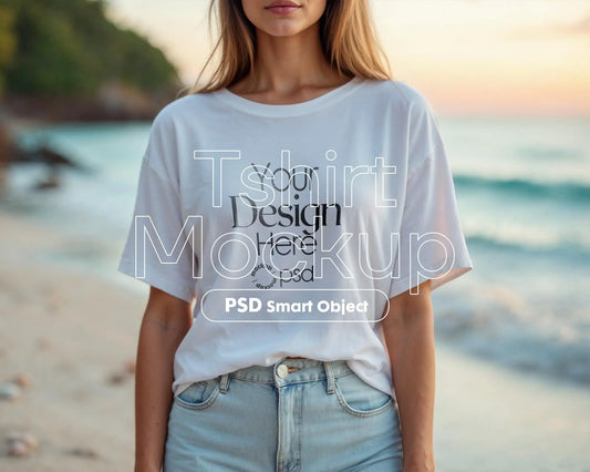 Woman White T-Shirt Mockup PSD | Gildan 64000 & Bella Canvas 3001 Print on Demand Tee Mockups for Designers, Boho Style Tshirt