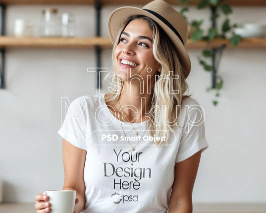 Woman White T-Shirt Mockup PSD | Gildan 64000 & Bella Canvas 3001 Print on Demand Tee Mockups for Designers, Boho Style Tshirt