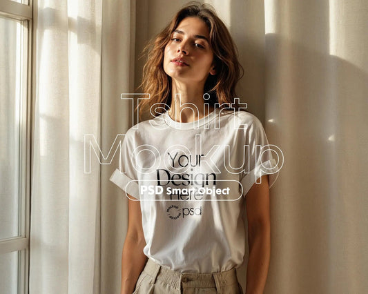 Woman White T-Shirt Mockup PSD | Gildan 64000 & Bella Canvas 3001 Print on Demand Tee Mockups for Designers, Boho Style Tshirt