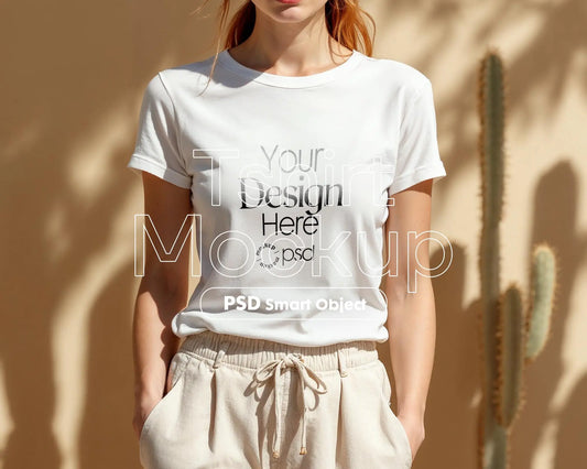 Woman White T-Shirt Mockup PSD | Gildan 64000 & Bella Canvas 3001 Print on Demand Tee Mockups for Designers, Boho Style Tshirt