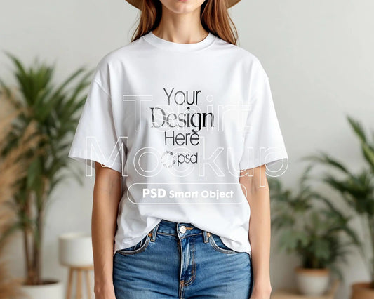 Woman White T-Shirt Mockup PSD | Gildan 64000 & Bella Canvas 3001 Print on Demand Tee Mockups for Designers, Boho Style Tshirt