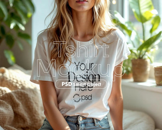 Woman White T-Shirt Mockup PSD | Gildan 64000 & Bella Canvas 3001 Print on Demand Tee Mockups for Designers, Boho Style Tshirt