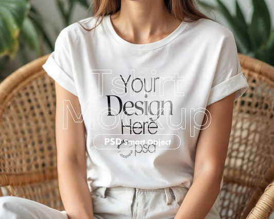 Woman White T-Shirt Mockup PSD | Gildan 64000 & Bella Canvas 3001 Print on Demand Tee Mockups for Designers, Boho Style Tshirt