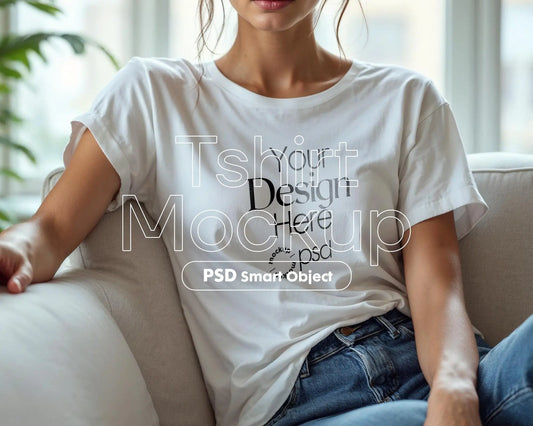 Woman White T-Shirt Mockup PSD | Gildan 64000 & Bella Canvas 3001 Print on Demand Tee Mockups for Designers, Boho Style Tshirt