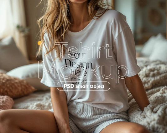 Woman White T-Shirt Mockup PSD | Gildan 64000 & Bella Canvas 3001 Print on Demand Tee Mockups for Designers, Boho Style Tshirt