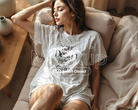 Woman White T-Shirt Mockup PSD | Gildan 64000 & Bella Canvas 3001 Print on Demand Tee Mockups for Designers, Boho Style Tshirt