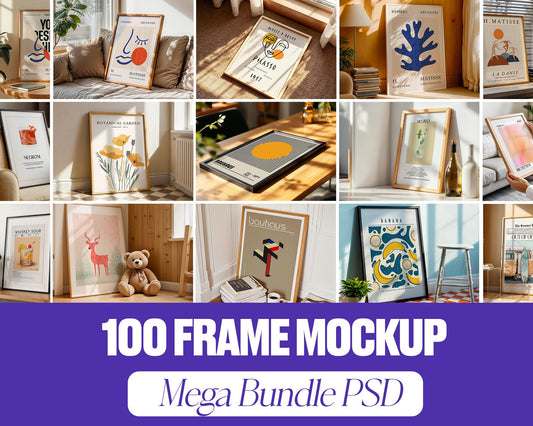 100+ Frame Mockup Bundle PSD Mega Set, Wall Art Frames Mockups for Digital and Print Design