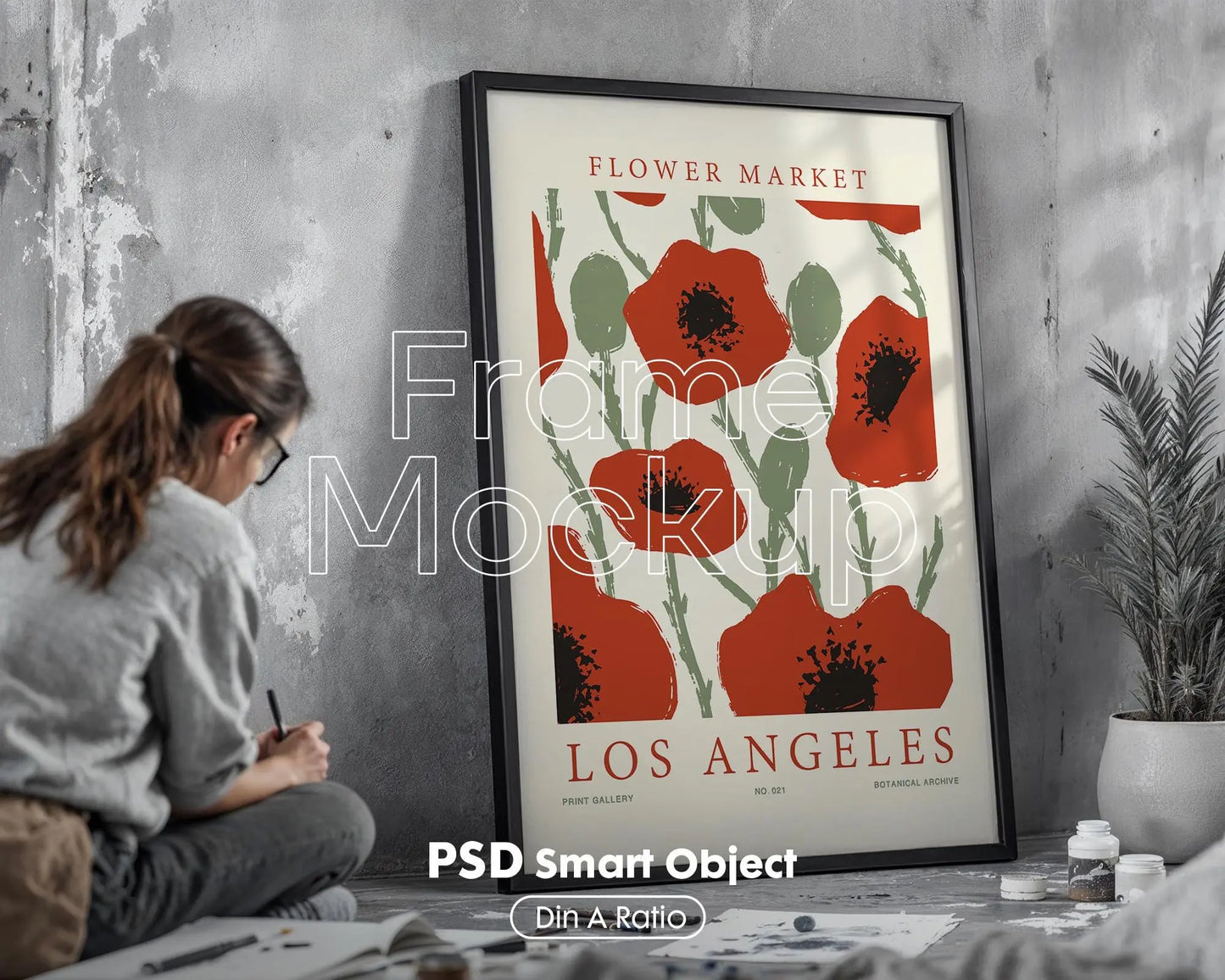 Frame Mockup With Person, PSD Photoshop Mockup, Frame Mockup Home Interior, Interior Frame Mockup Woman
