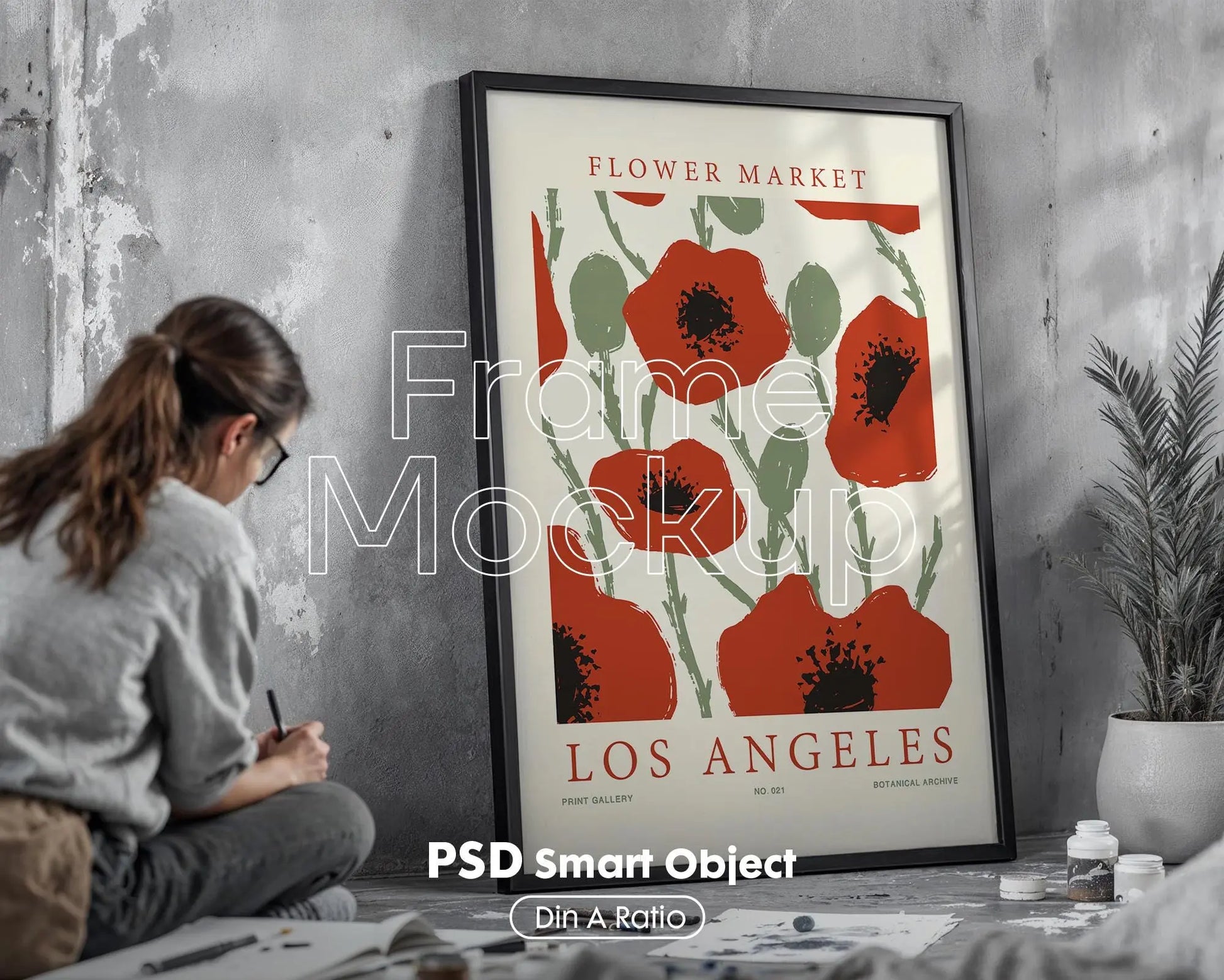Frame Mockup With Person, PSD Photoshop Mockup, Frame Mockup Home Interior, Interior Frame Mockup Woman