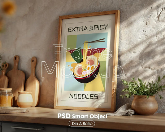 Kitchen Frame Mockup | DIN A Artwork Mockup Frames | Aesthetic Kitchen Vertical Wood Frame Mockup | Poster Mockup Templete PSD