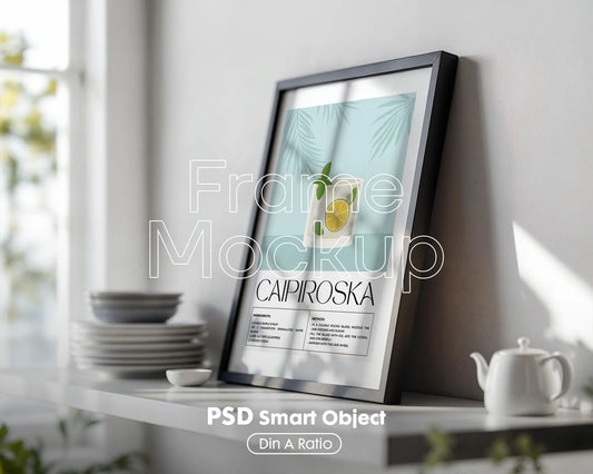 Kitchen Frame Mockup | DIN A Artwork Mockup Frames | Aesthetic Kitchen Vertical Wood Frame Mockup | Poster Mockup Templete PSD