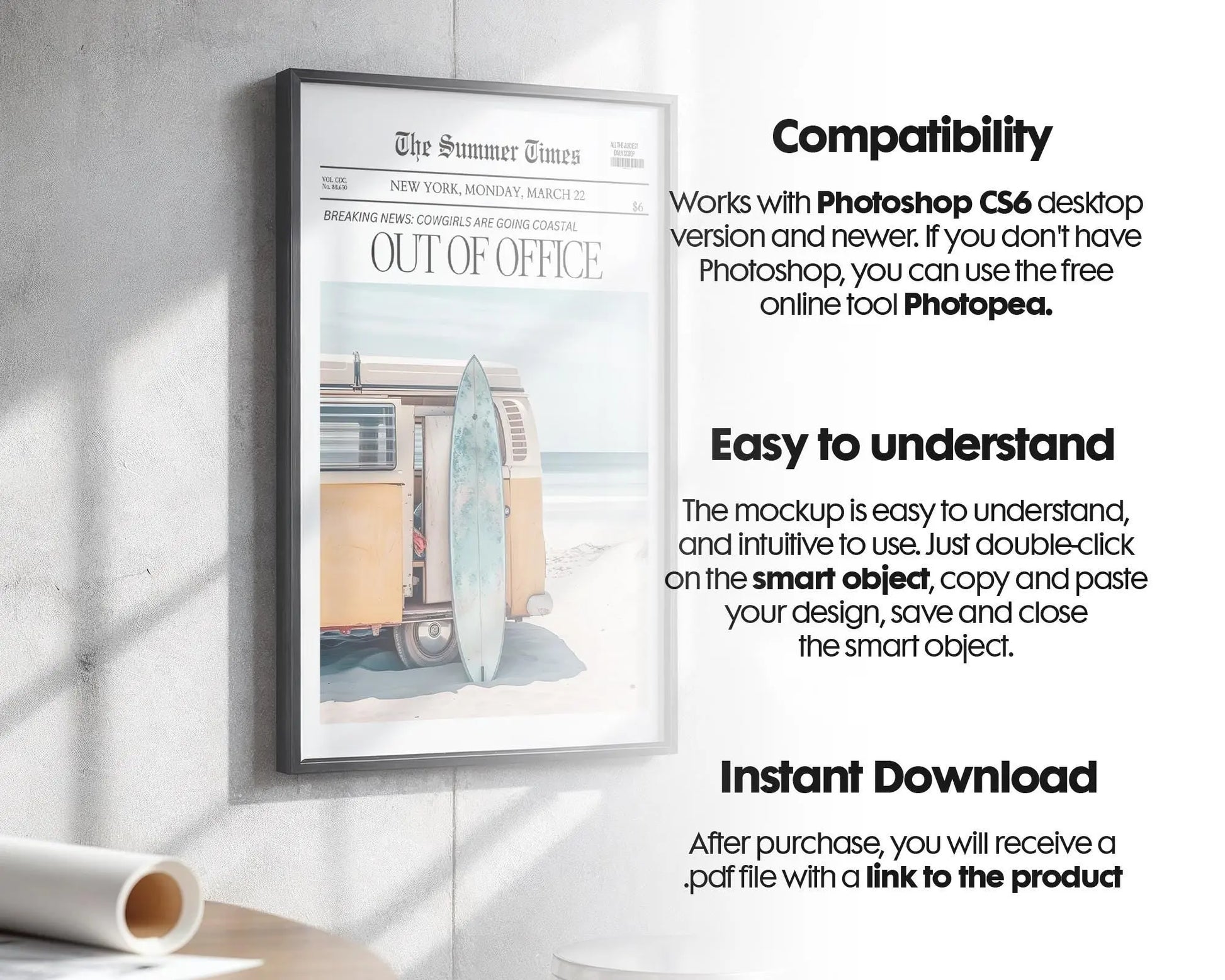 Blank Wooden Poster Frame Mockup, Wall Art Frame Mockup for Digital Download, Posters and Artwork Smart Object Instant Download
