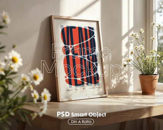Wall Art Frame Mockup for Digital Download, Blank Wooden Poster Frame Mockup, Posters and Artwork Smart Object Instant Download