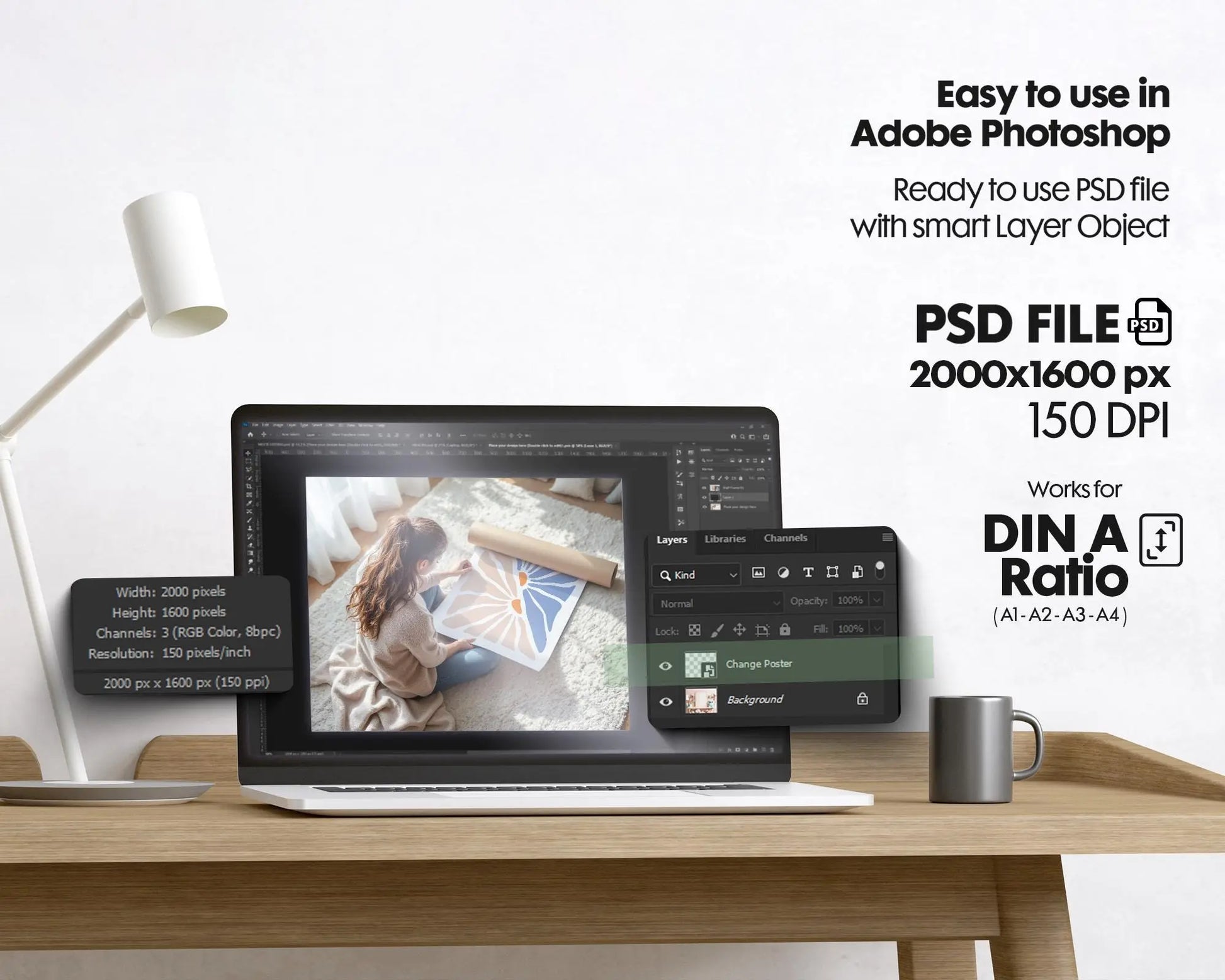 Poster Mockup with Person ISO A DIN Ratio | Minimal Modern PSD Photoshop & Photopea Template