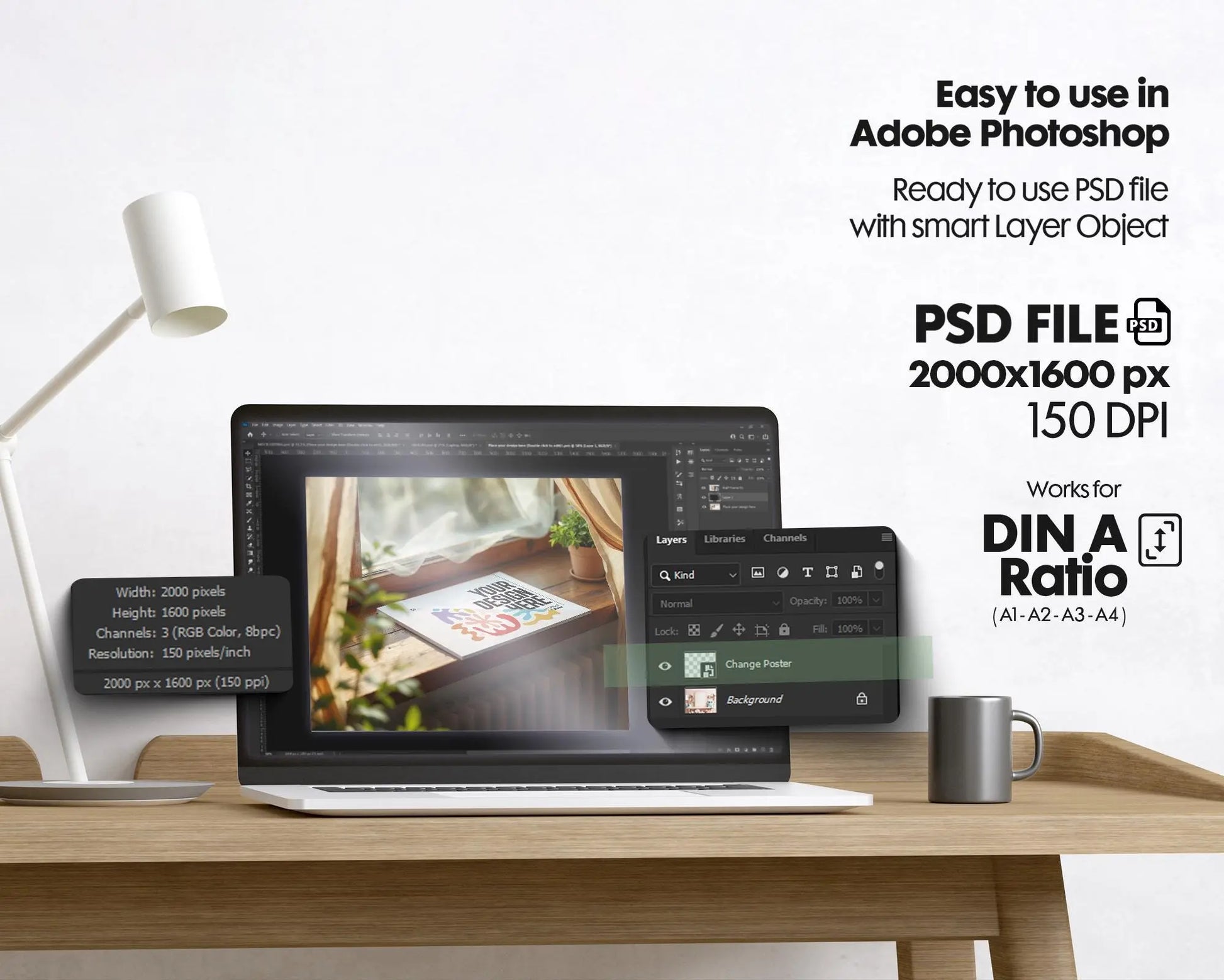 Vertical Poster Paper Mockup PSD with Smart Object | Din A Ratio Photoshop Template for Wall Art & Prints
