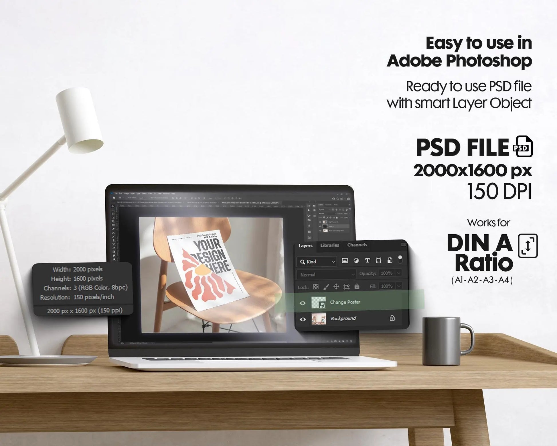 Vertical Poster Paper Mockup PSD with Smart Object | Din A Ratio Photoshop Template for Wall Art & Prints