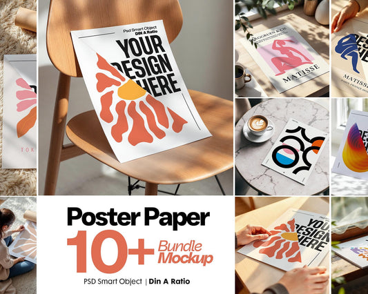 10+ Poster Paper Mockup Bundle PSD with Smart Object | Din A Ratio Photoshop Template for Wall Art & Prints