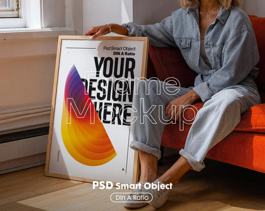 Frame Mockup PSD With Person Holding , PSD Photoshop Mockup, Frame Mockup Home Interior, Interior Frame Mockup Woman
