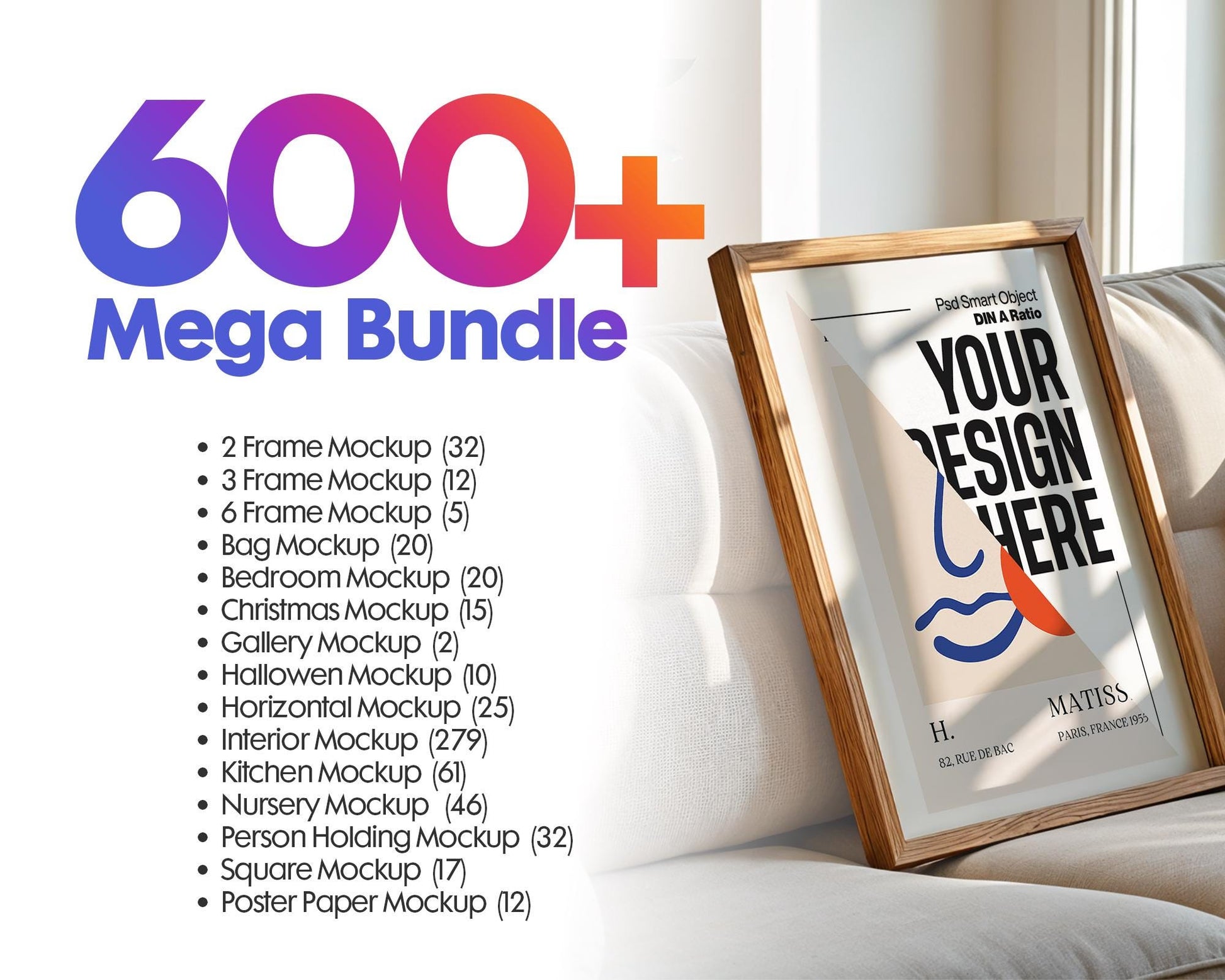 600+ Frame Mockup PSD Bundle Set - Wall & Poster Frames for Digital Art, Photo Display, Poster Mockup Templates