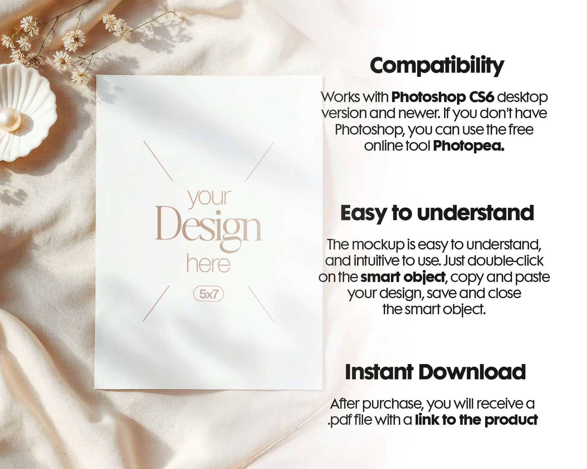 5x7 Card Mockup PSD Template, Minimalist White Stationery Mockup for Wedding, Baby Shower & Invitation Cards, Editable Smart Object