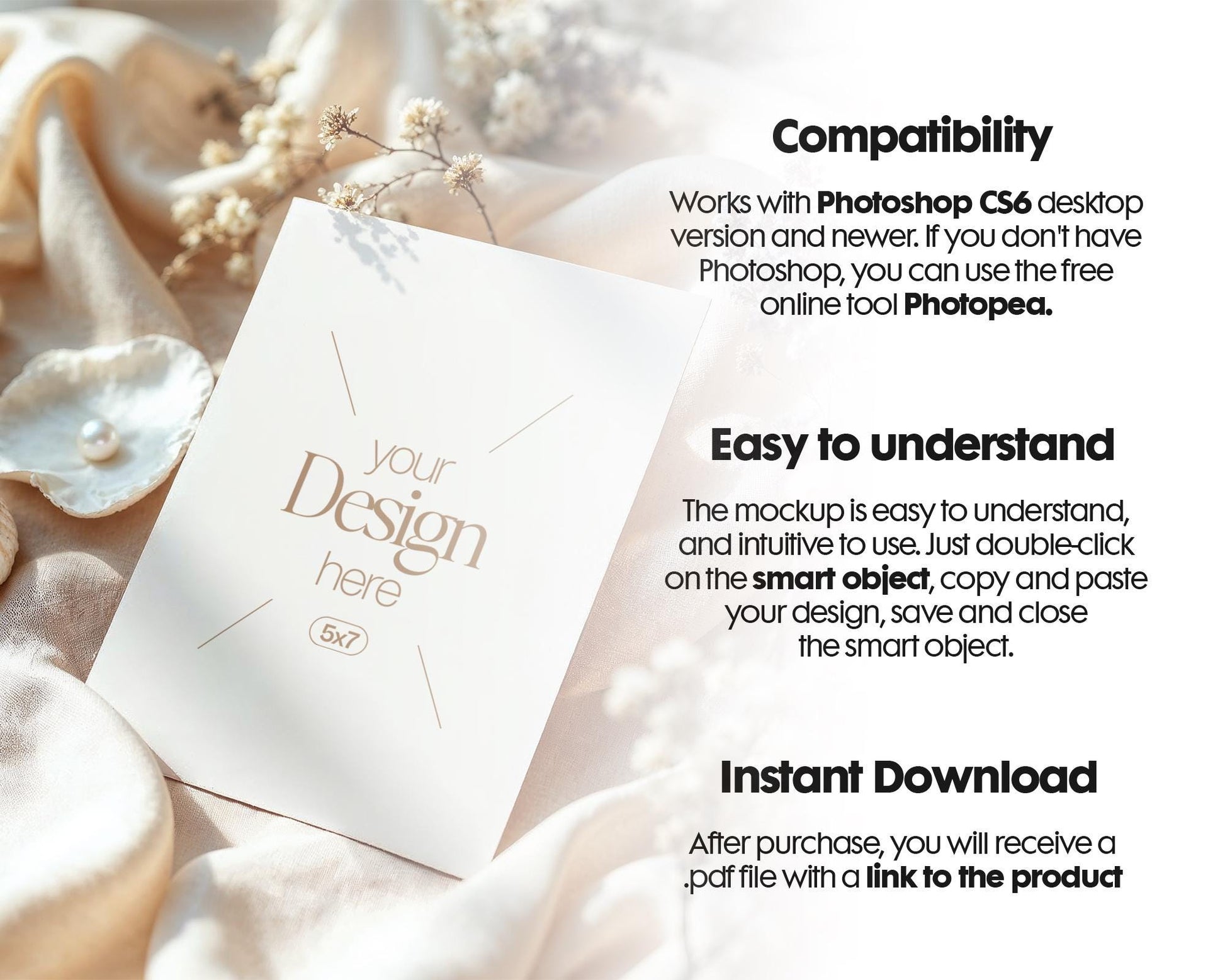 5x7 Card Mockup PSD Template, Minimalist White Stationery Mockup for Wedding, Baby Shower & Invitation Cards, Editable Smart Object