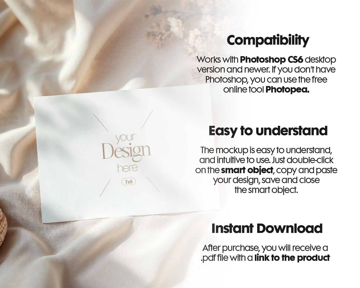 7x5 Card Mockup PSD | Minimalist White Stationery Template for Wedding Invitations, Baby Shower Cards & Editable Smart Object Design