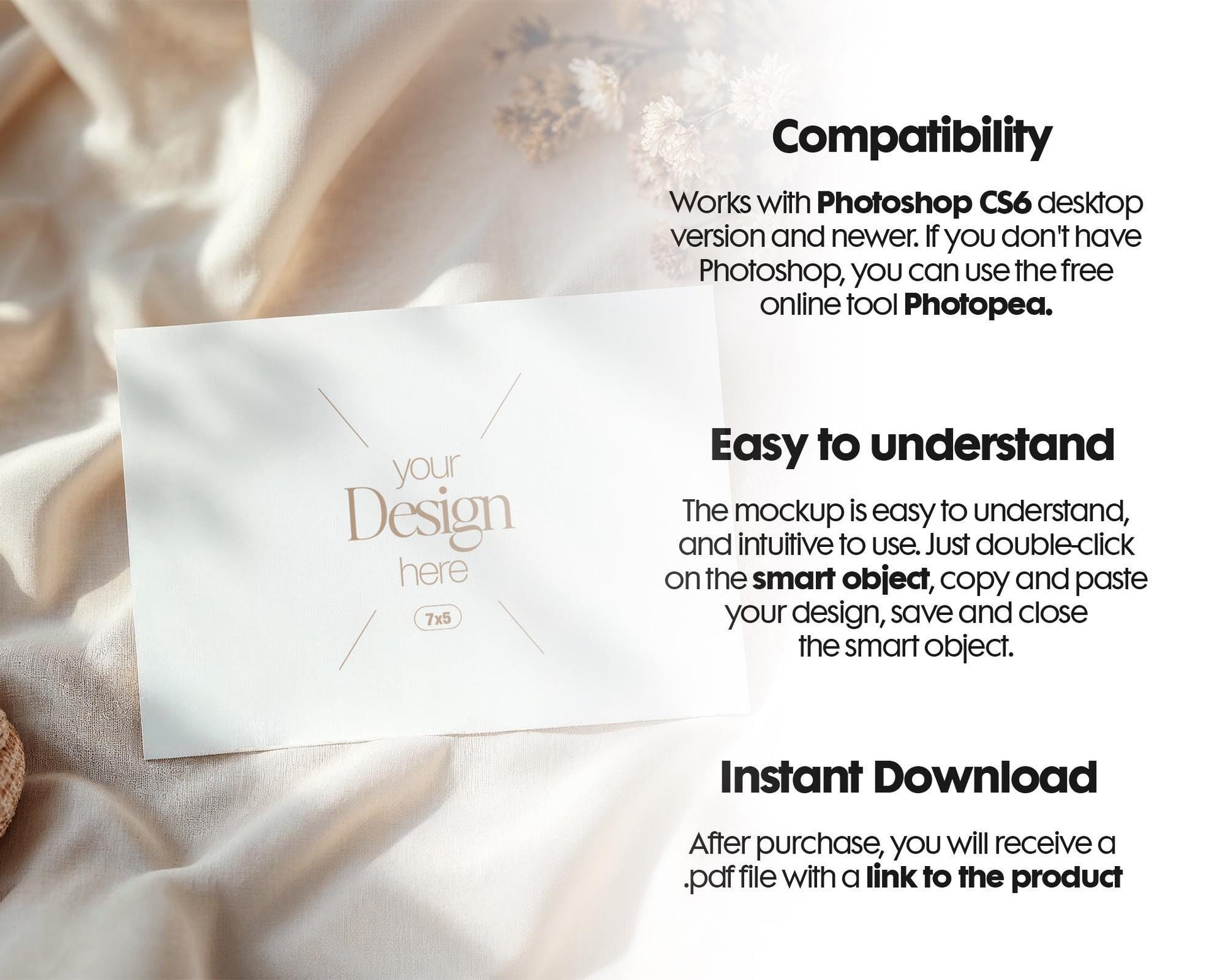 7x5 Card Mockup PSD | Minimalist White Stationery Template for Wedding Invitations, Baby Shower Cards & Editable Smart Object Design