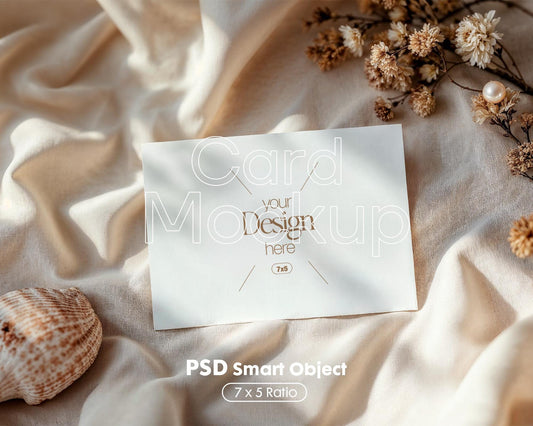 7x5 Card Mockup PSD | Minimalist White Stationery Template for Wedding Invitations, Baby Shower Cards & Editable Smart Object Design