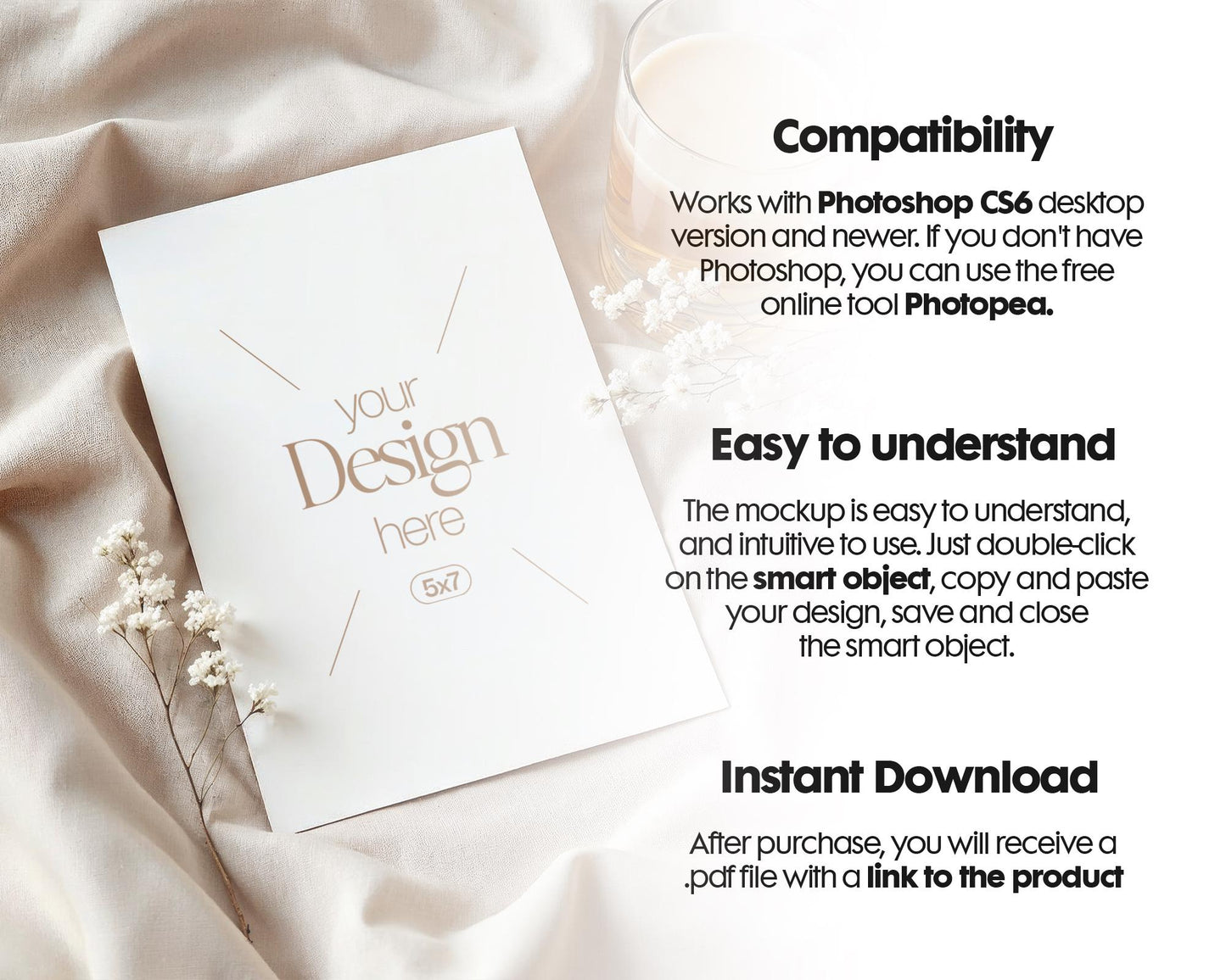 5x7 Card Mockup PSD Template, Minimalist White Stationery Mockup for Wedding, Baby Shower & Invitation Cards, Editable Smart Object