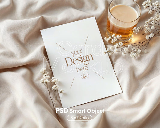 5x7 Card Mockup PSD Template, Minimalist White Stationery Mockup for Wedding, Baby Shower & Invitation Cards, Editable Smart Object