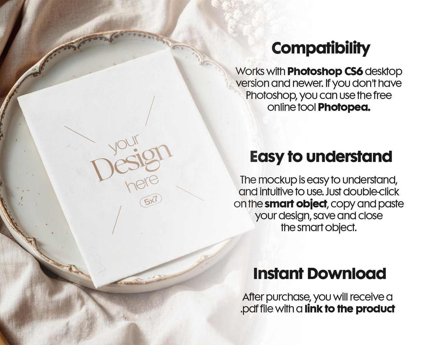 5x7 Card Mockup PSD Template, Minimalist White Stationery Mockup for Wedding, Baby Shower & Invitation Cards, Editable Smart Object