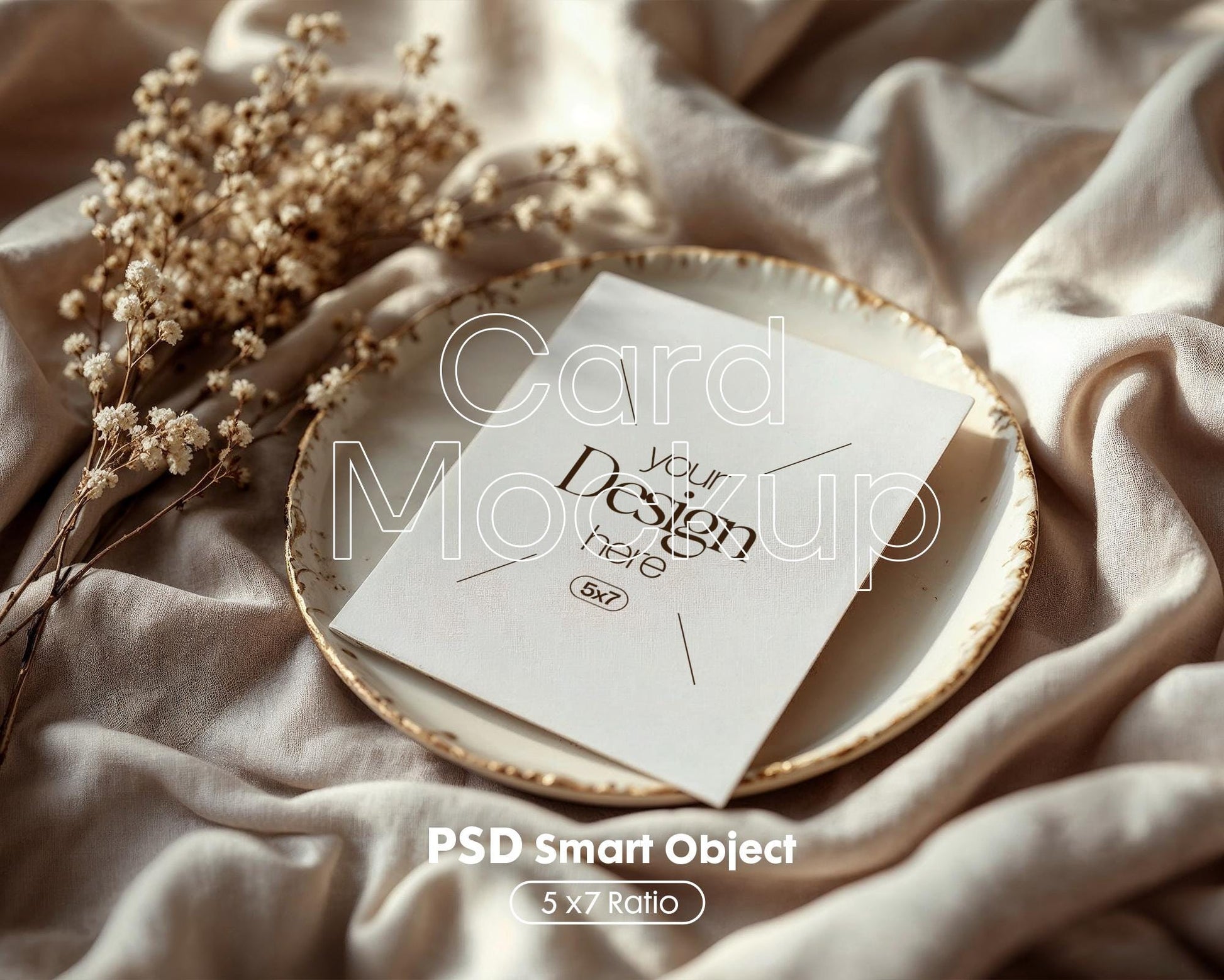 5x7 Card Mockup PSD Template, Minimalist White Stationery Mockup for Wedding, Baby Shower & Invitation Cards, Editable Smart Object