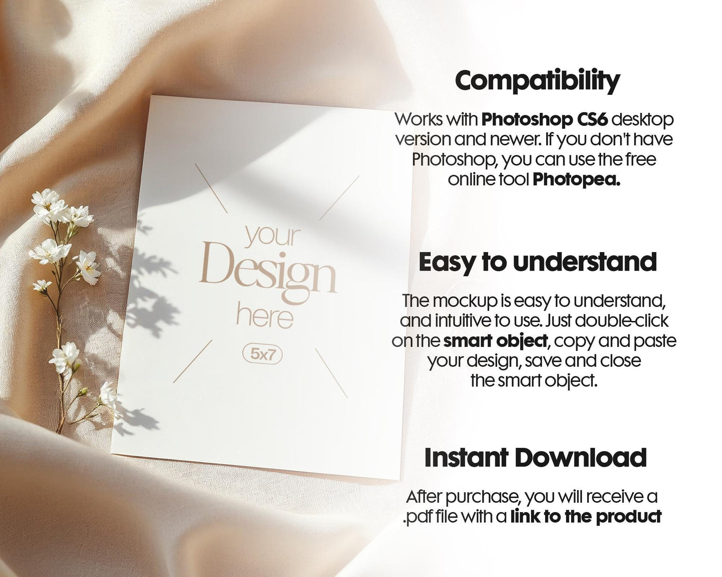 5x7 Card Mockup PSD Template - Minimalist White Stationery for Wedding, Baby Shower & Invitation Cards, Editable Smart Object