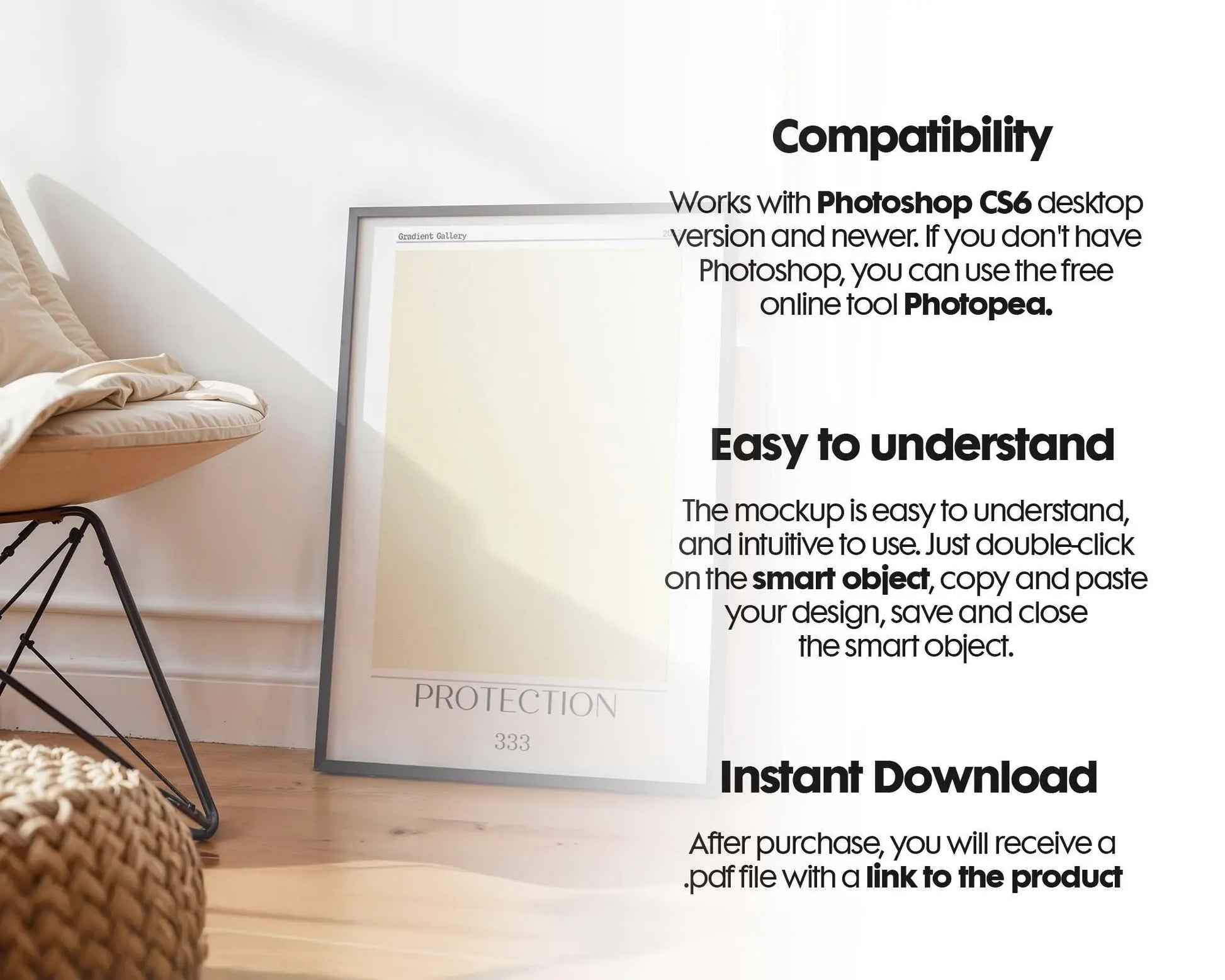 Blank Wooden Poster Frame Mockup, Minimalist Digital Download for Artwork & Posters, Instant Smart Object Template for Easy Customization