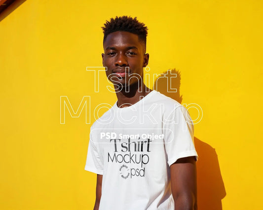 Male Model White T-Shirt Mockup PSD, Gildan & Bella Canvas 3001, African Model Tee Template for Custom Apparel Design