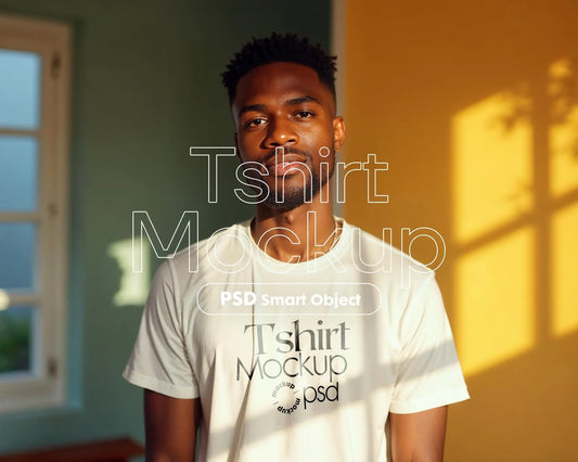 Male Model White T-Shirt Mockup PSD, Gildan & Bella Canvas 3001, African Model Tee Template for Custom Apparel Design