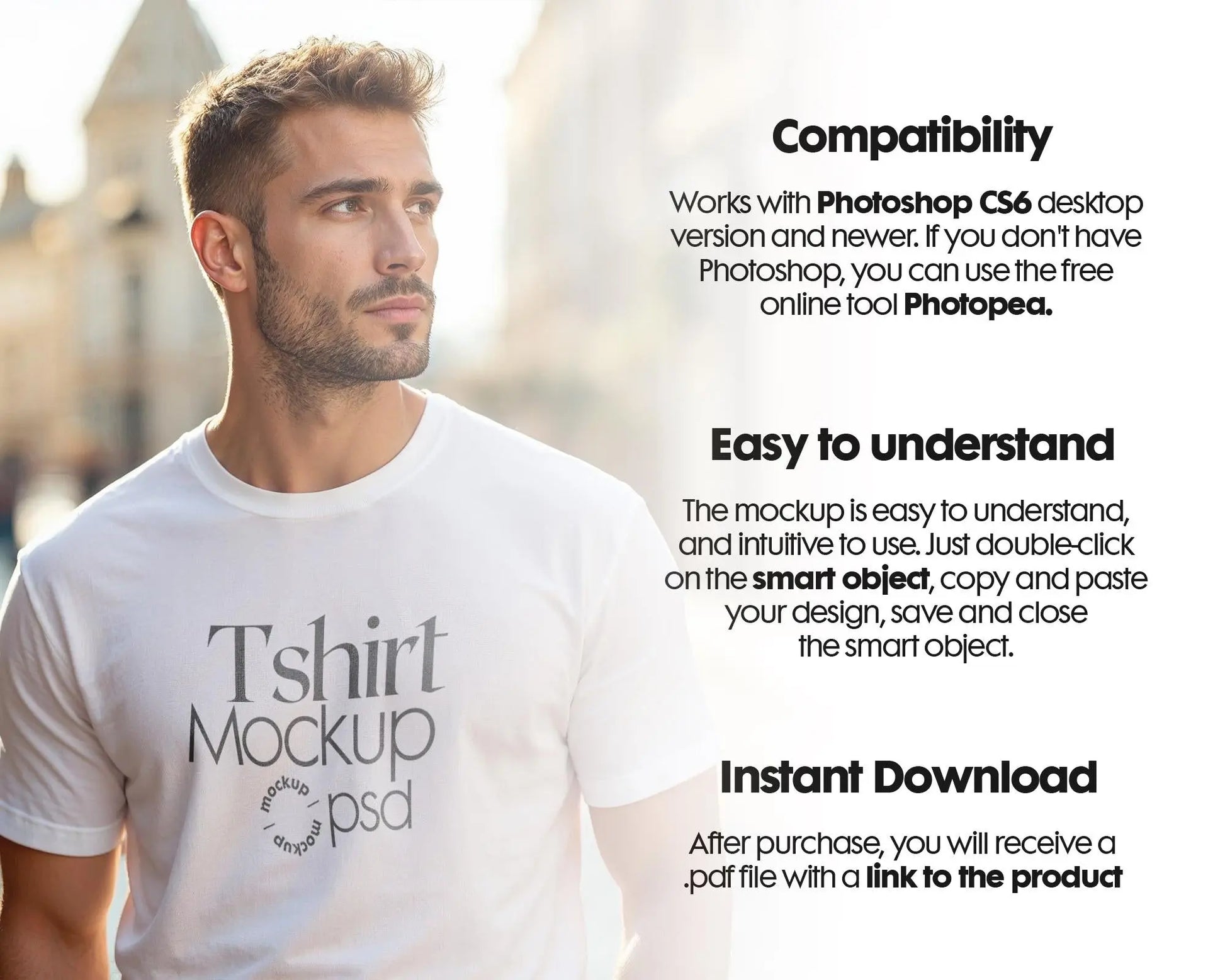 Male Model White T-Shirt Mockup PSD - Gildan & Bella Canvas 3001 Template for Custom Apparel Design, PSD Smart Object