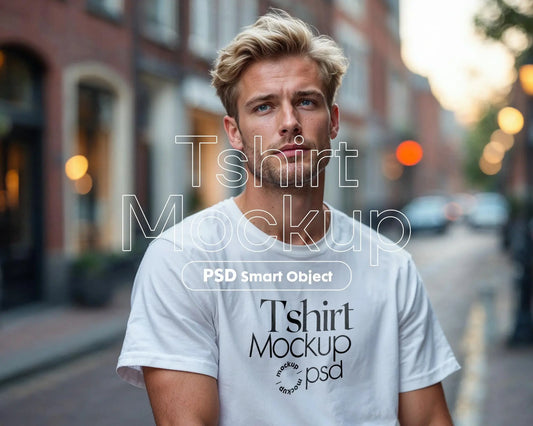 Male Model White T-Shirt Mockup PSD - Gildan & Bella Canvas 3001 Template for Custom Apparel Design, PSD Smart Object