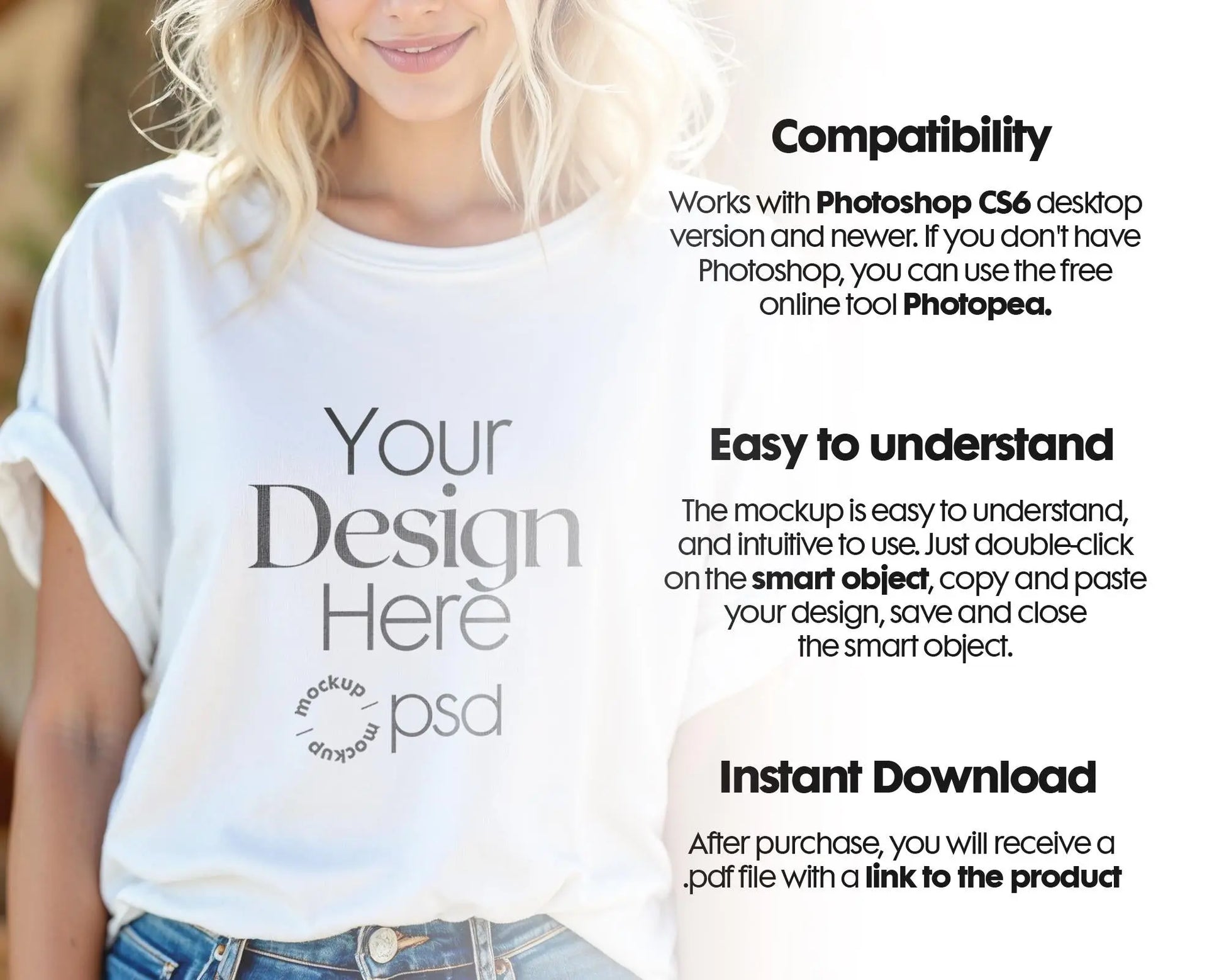 Woman White T-Shirt Mockup PSD | Gildan 64000 & Bella Canvas 3001 Print on Demand Tee Mockups for Designers, Boho Style Tshirt