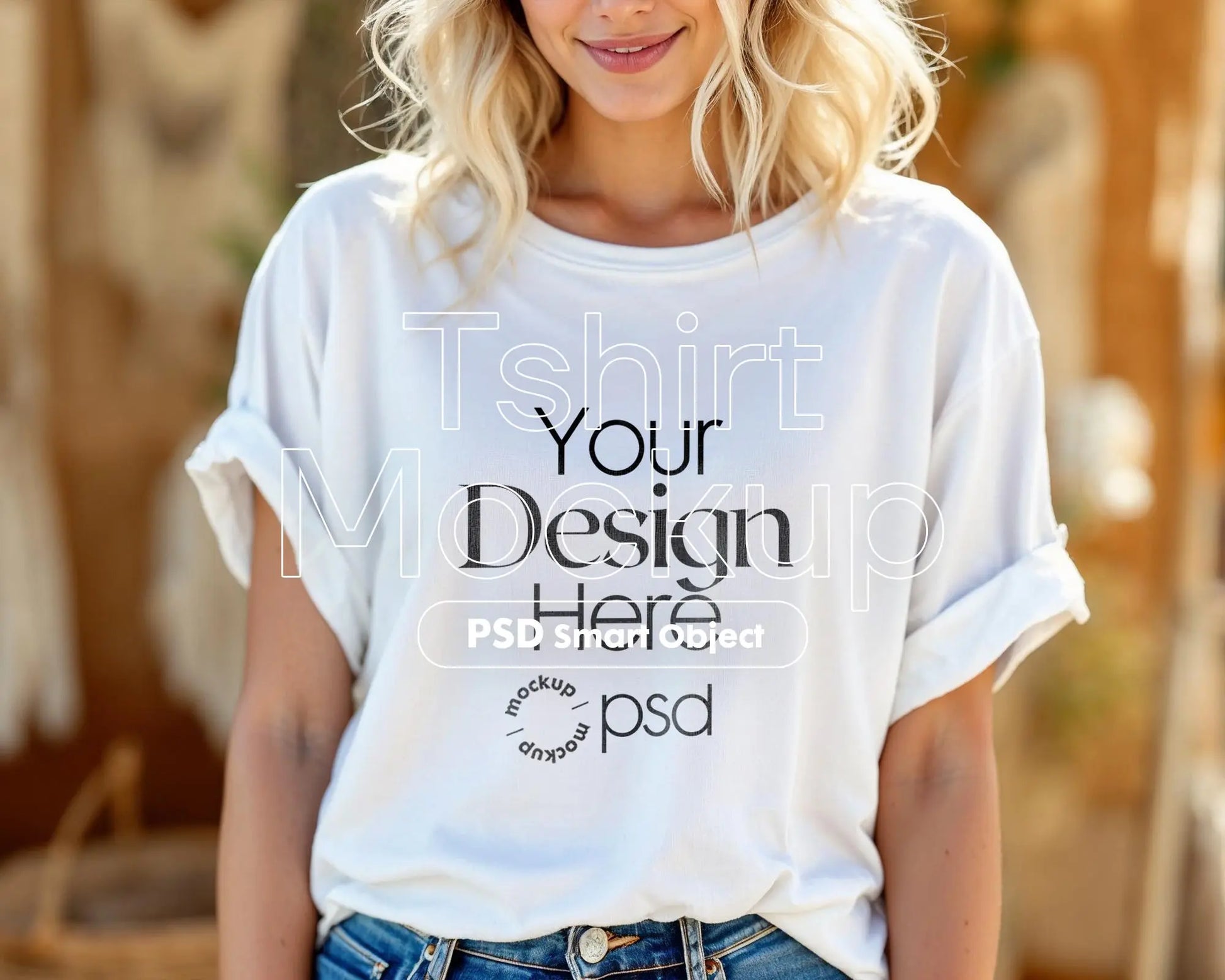 Woman White T-Shirt Mockup PSD | Gildan 64000 & Bella Canvas 3001 Print on Demand Tee Mockups for Designers, Boho Style Tshirt