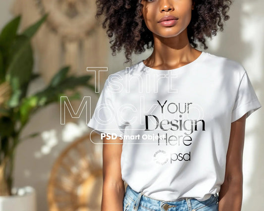 Woman White T-Shirt Mockup PSD | Gildan 64000 & Bella Canvas 3001 Print on Demand Tee Mockups for Designers, Boho Style Tshirt