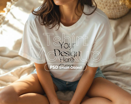 Woman White T-Shirt Mockup PSD | Gildan 64000 & Bella Canvas 3001 Print on Demand Tee Mockups for Designers, Boho Style Tshirt