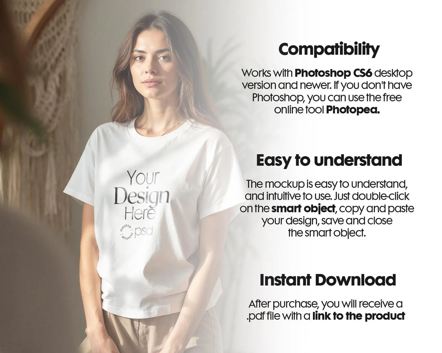 Woman White T-Shirt Mockup PSD | Gildan 64000 & Bella Canvas 3001 Print on Demand Tee Mockups for Designers, Boho Style Tshirt