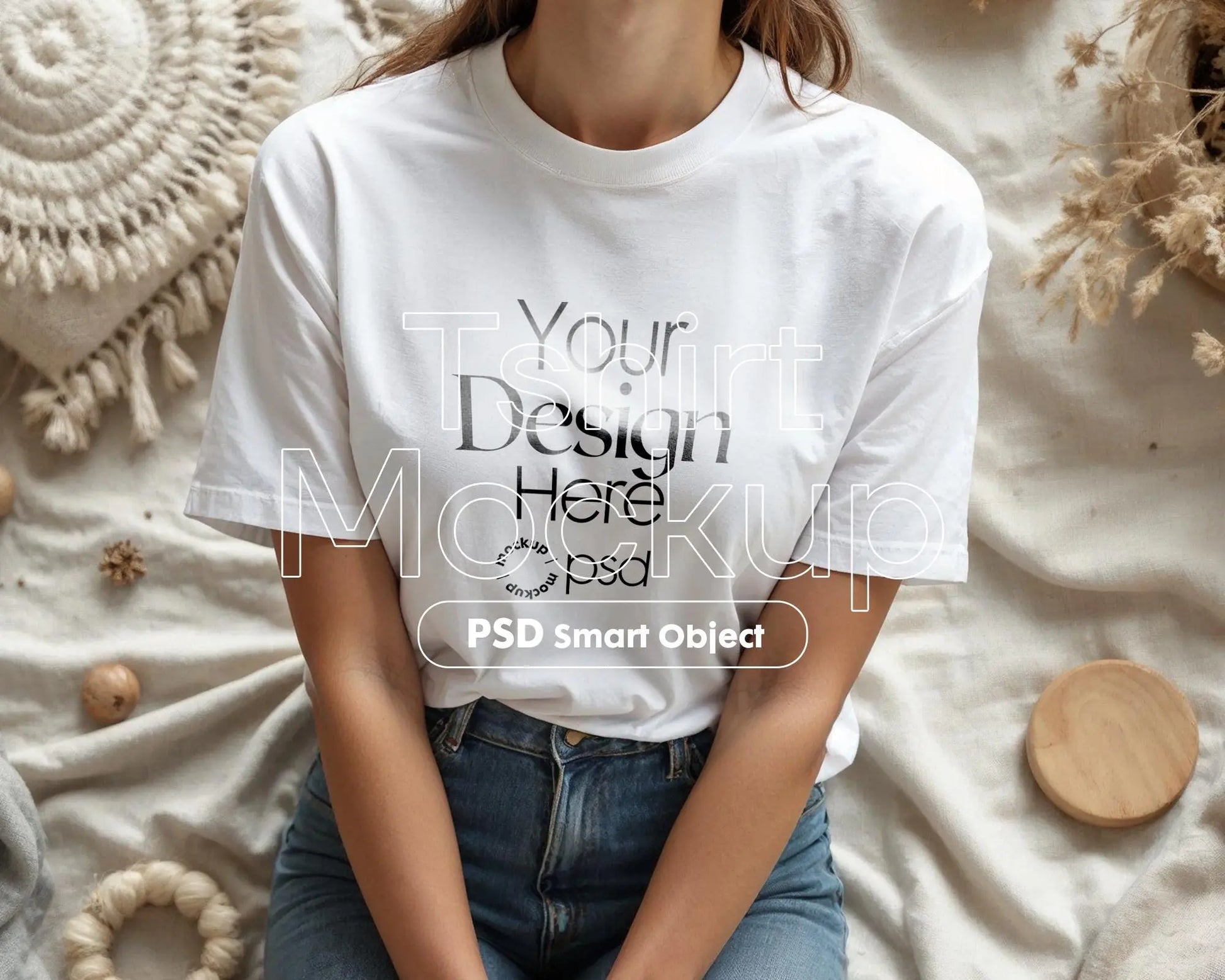 Woman White T-Shirt Mockup PSD | Gildan 64000 & Bella Canvas 3001 Print on Demand Tee Mockups for Designers, Boho Style Tshirt