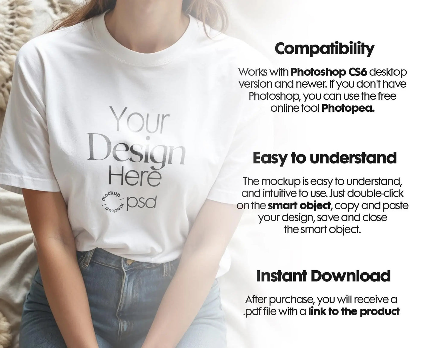 Woman White T-Shirt Mockup PSD | Gildan 64000 & Bella Canvas 3001 Print on Demand Tee Mockups for Designers, Boho Style Tshirt