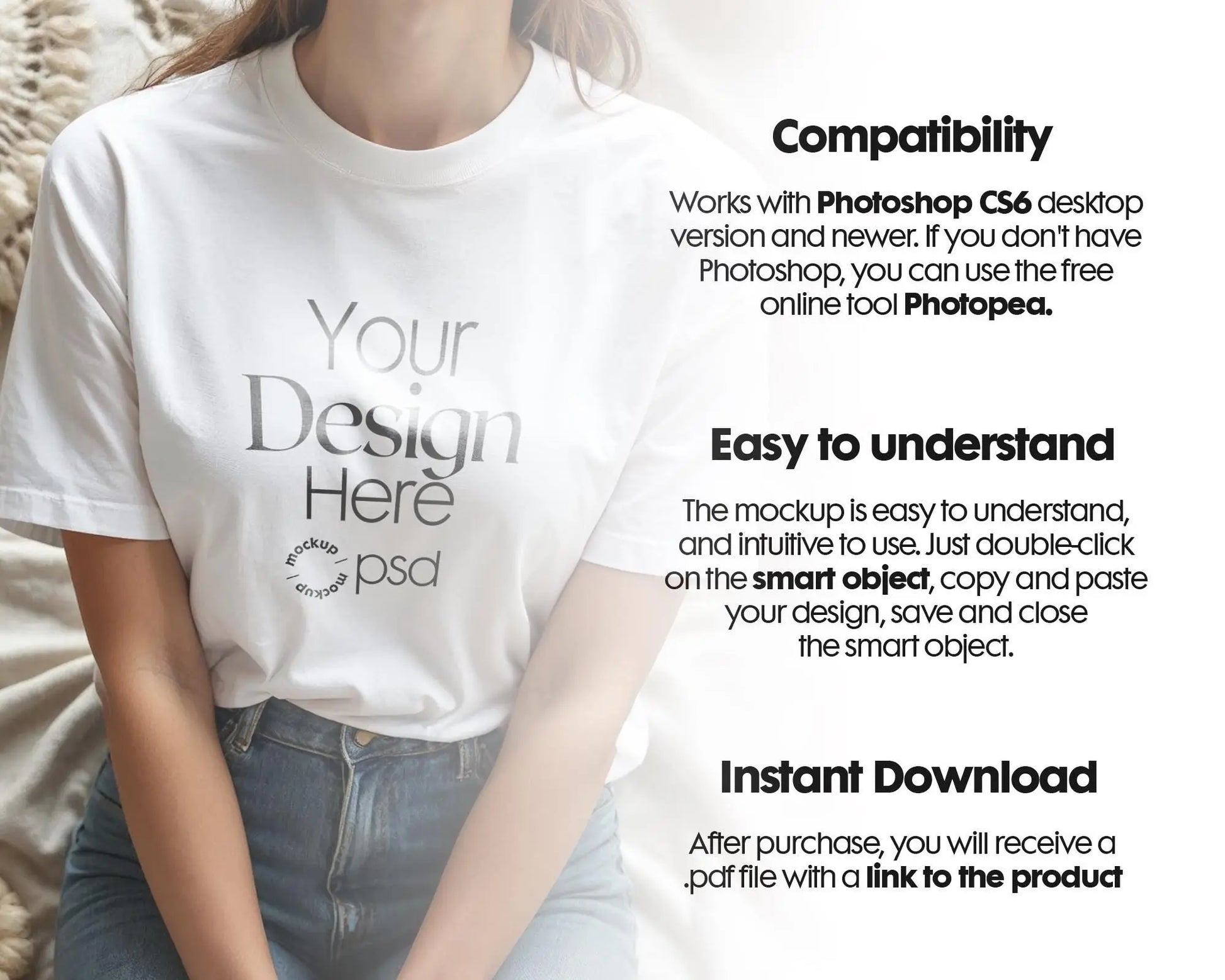 Woman White T-Shirt Mockup PSD | Gildan 64000 & Bella Canvas 3001 Print on Demand Tee Mockups for Designers, Boho Style Tshirt
