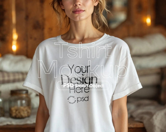 Woman White T-Shirt Mockup PSD | Gildan 64000 & Bella Canvas 3001 Print on Demand Tee Mockups for Designers, Boho Style Tshirt