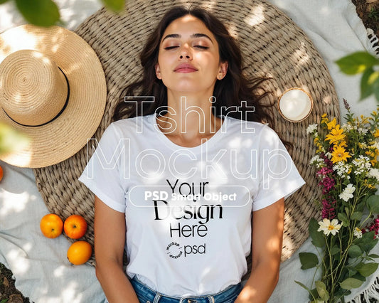 Woman White T-Shirt Mockup PSD | Gildan 64000 & Bella Canvas 3001 Print on Demand Tee Mockups for Designers, Boho Style Tshirt