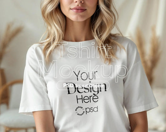 Woman White T-Shirt Mockup PSD | Gildan 64000 & Bella Canvas 3001 Print on Demand Tee Mockups for Designers, Boho Style Tshirt
